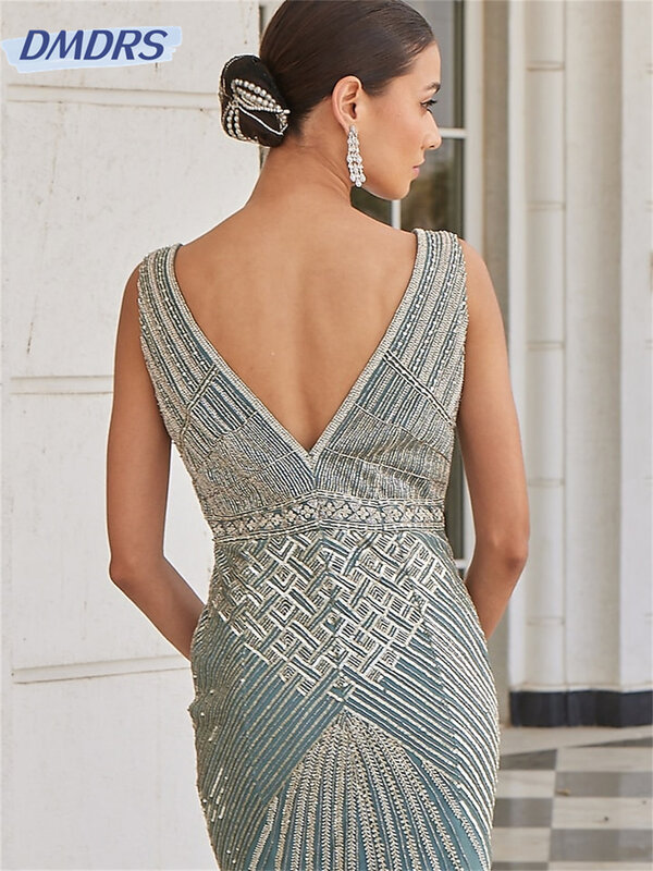 Luxurious A-Line Prom Dress 2024Classic Deep V-Neck Evening Dresses Sexy Beads Floor-Length Gown Vestidos De Novia