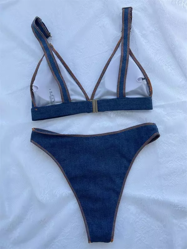 Seksowne dżinsowe niebieskie zestawy bikini damskie brazylijskie pływanie strój kąpielowy kobiece wakacje regulowane szelki stroje kąpielowe oddzielne stringi