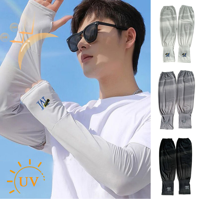 Mangas de seda respirável para homens, proteção UV ao ar livre, manga para ciclismo e direção, braço protetor solar, verão, 1 par