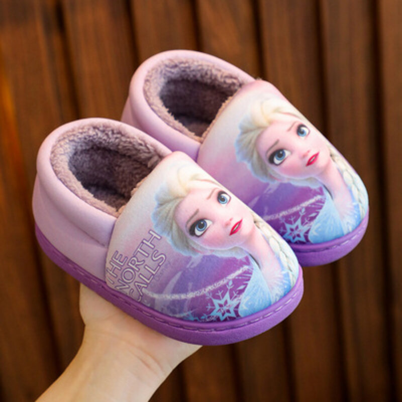 Disney-zapatillas de algodón para niños y niñas, pantuflas cálidas antideslizantes para la nieve, princesa sofía y Elsa, talla 24-39, invierno