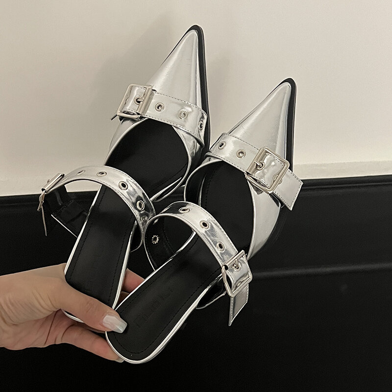 Punk Goth Metal Buckle High Heels Sandals Women 2023 Summer Pointed Toe Silver Party Shoes Woman Korean Style Thin Heels Sandals