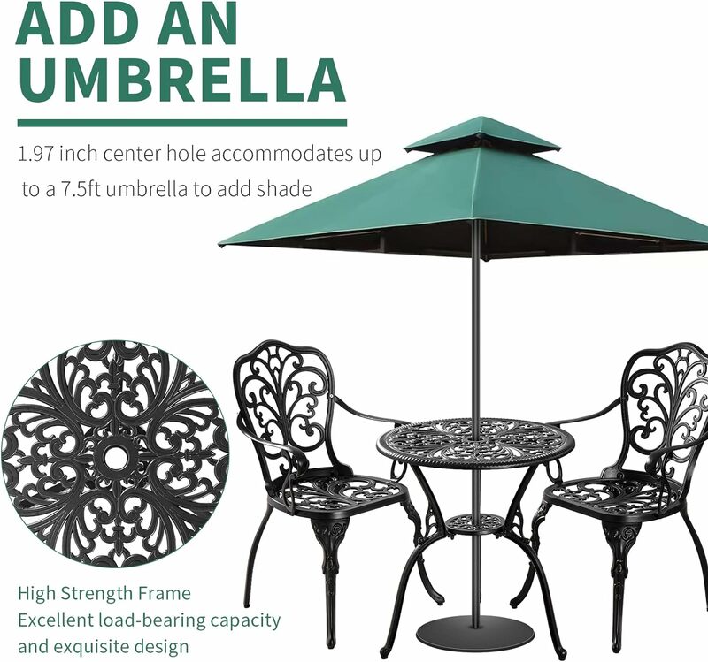 Ensemble table et chaises de bistrot avec trou parapluie, en fonte d'aluminium, 3 pièces, pour l'extérieur