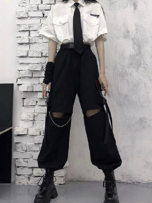 Celana Kargo Wanita Streetwear Gothic HOUZHOU dengan Rantai Pakaian Teknologi Punk Hitam Fashion Korea Celana Panjang Kaki Lebar 2021 Alt