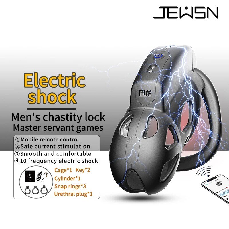 JEUSN Penis Cage Electric Shock Chastity Lock Conditioning Restriction Abstinence Toys Cock Cage for Men Gay with 3 Active Rings