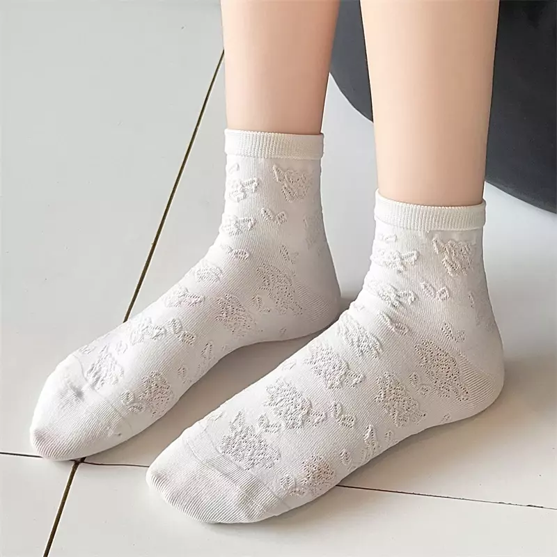 Lot de 6 paires de chaussettes en coton pour femmes, courtes, simples, solides, à fleurs, style preppy, décontractées, fines, confortables