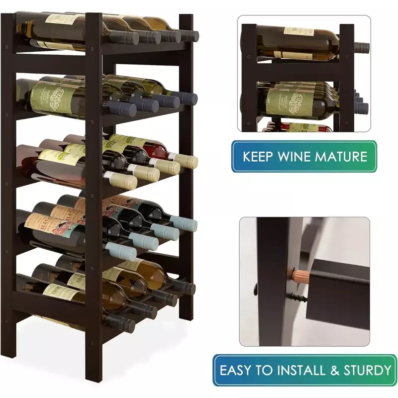 Bamboo Wine Rack, 20 Bottles Display Holder, 5-Tier Free Standing Storage Shelves for Kitchen, Pantry, Cellar, Bar (Walnut)