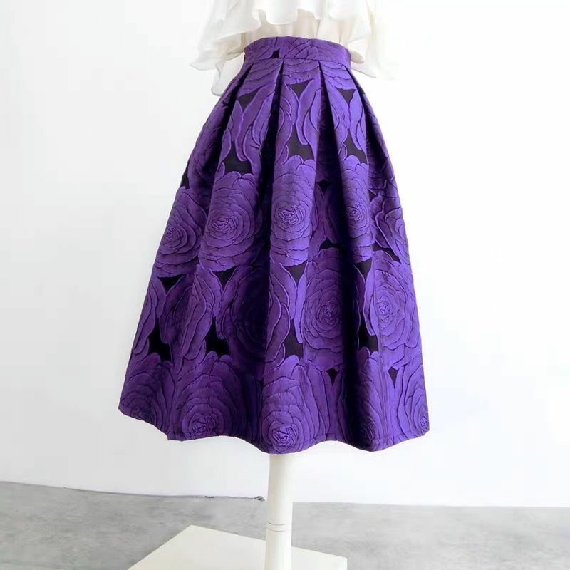 Женская юбка миди с цветочным принтом, элегантная плиссированная длинная винтажная юбка фиолетового и розового цвета, юбка-зонтик Q585