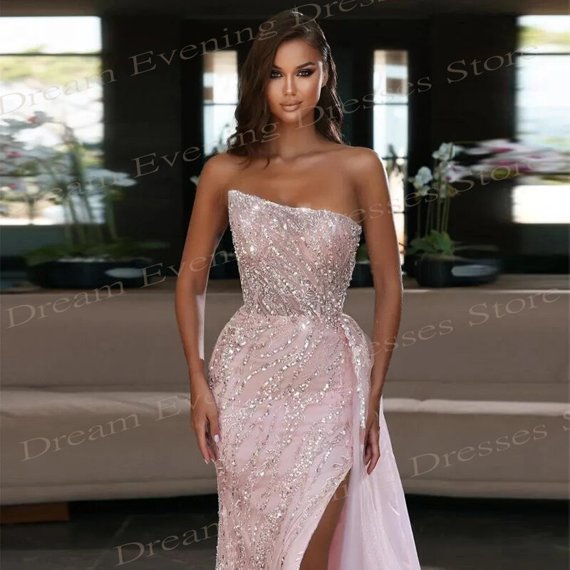 Fashion Elegant Mermaid Pink Evening Dresses Luxury Sexy High Side Slit New Glitter Sequins Sleeveless Strapless Prom Gowns 2024
