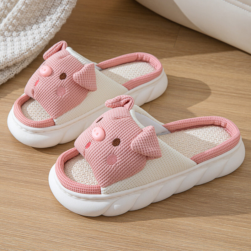 Zapatillas de casa de lino para mujer, chanclas suaves informales con diseño de cerdito bonito, 2024 cm, color rosa, 3,5
