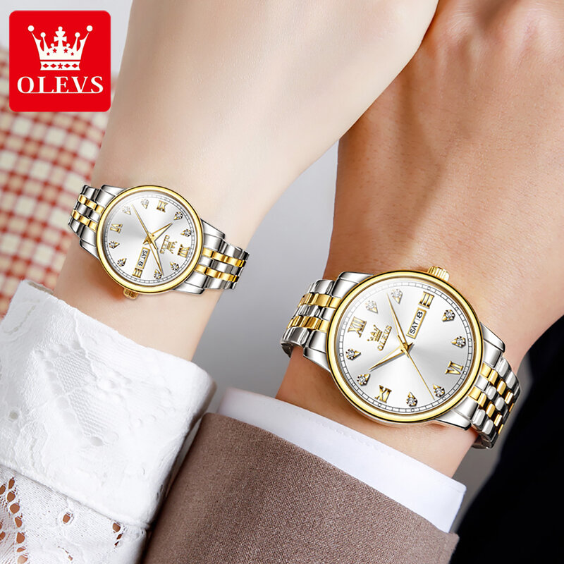 OLEVS นาฬิกาควอตซ์คู่แฟชั่นสำหรับผู้ชายและผู้หญิง, นาฬิกาสแตนเลสสตีลหรูหรากันน้ำนาฬิกาธุรกิจปฏิทินสัปดาห์