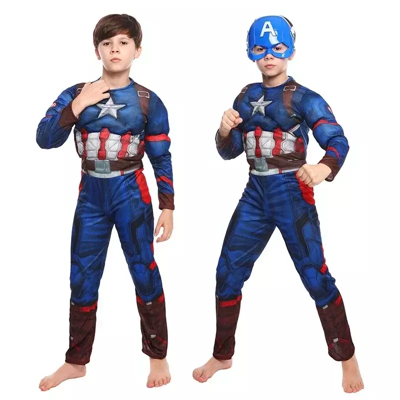 Capitão América Cosplay Costume para Crianças, Macacão, Escudo, Halloween, Carnaval, Festa, Músculo, Criança