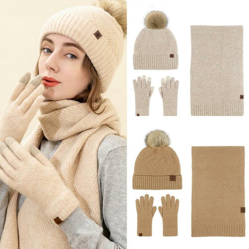 Conjunto de cachecol e luvas feminino, chapéu de malha de lã macia, design à prova de frio, presente para mulheres, inverno