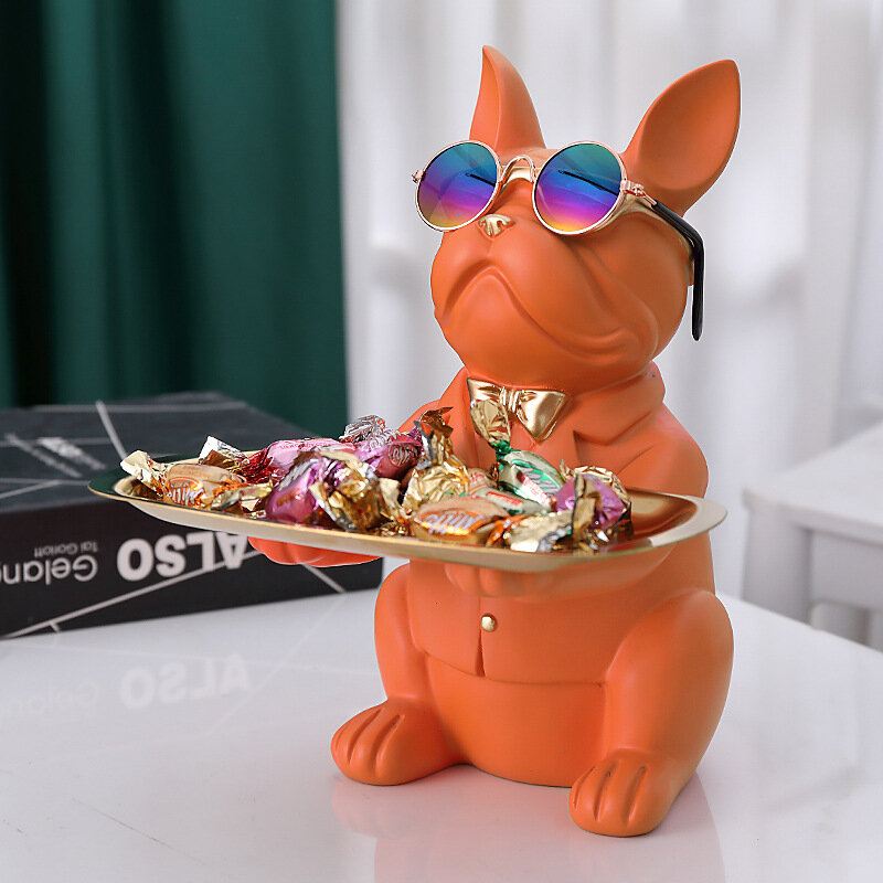 Nordische französische Bulldogge Skulptur Hund Figur Statue Schlüssel Schmuck Lagerung Tisch dekoration Geschenk mit Teller Brille