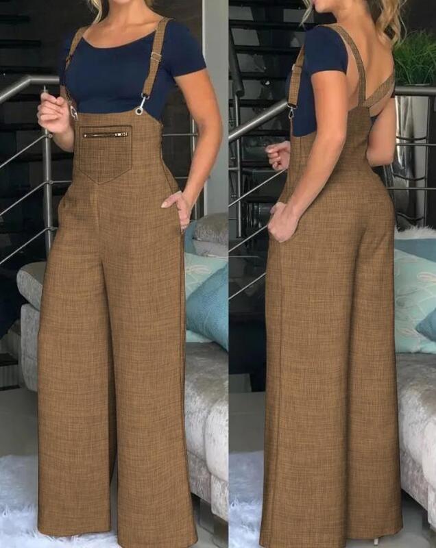 Macacão de sling de perna larga feminino, calça com alças, cor sólida, terno simples, design versátil de bolso, primavera, verão, 2022