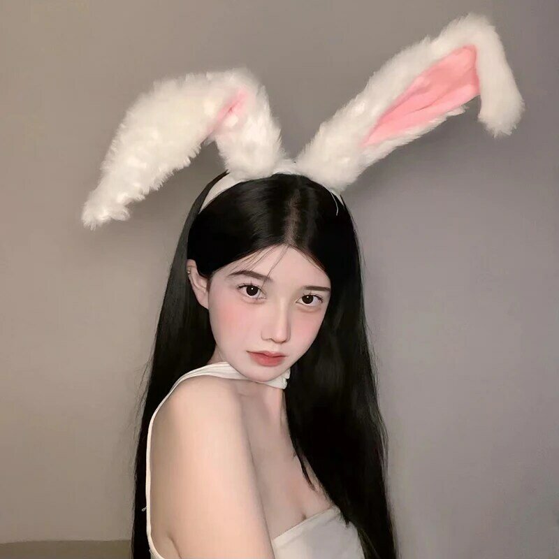 Bando Cosplay Lolita imut, 1 buah Bandana telinga kelinci panjang manis lembut, hiasan kepala kartun Anime