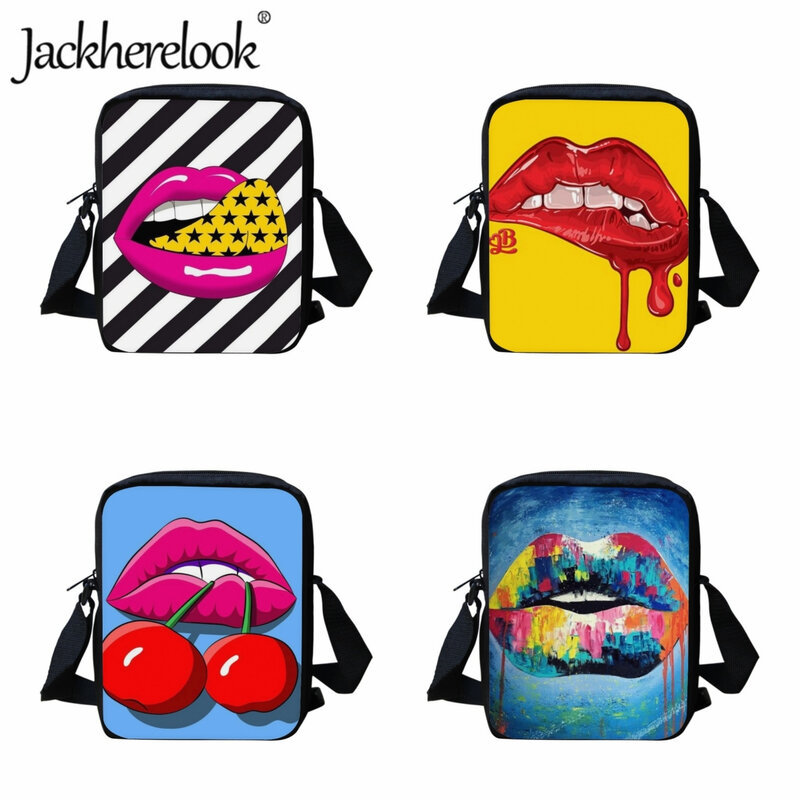 Jackherelook-Bolsa de mensajero con ilustración de labios para niñas y adolescentes, bandoleras cruzadas de moda para niños, bolso de compras de viaje