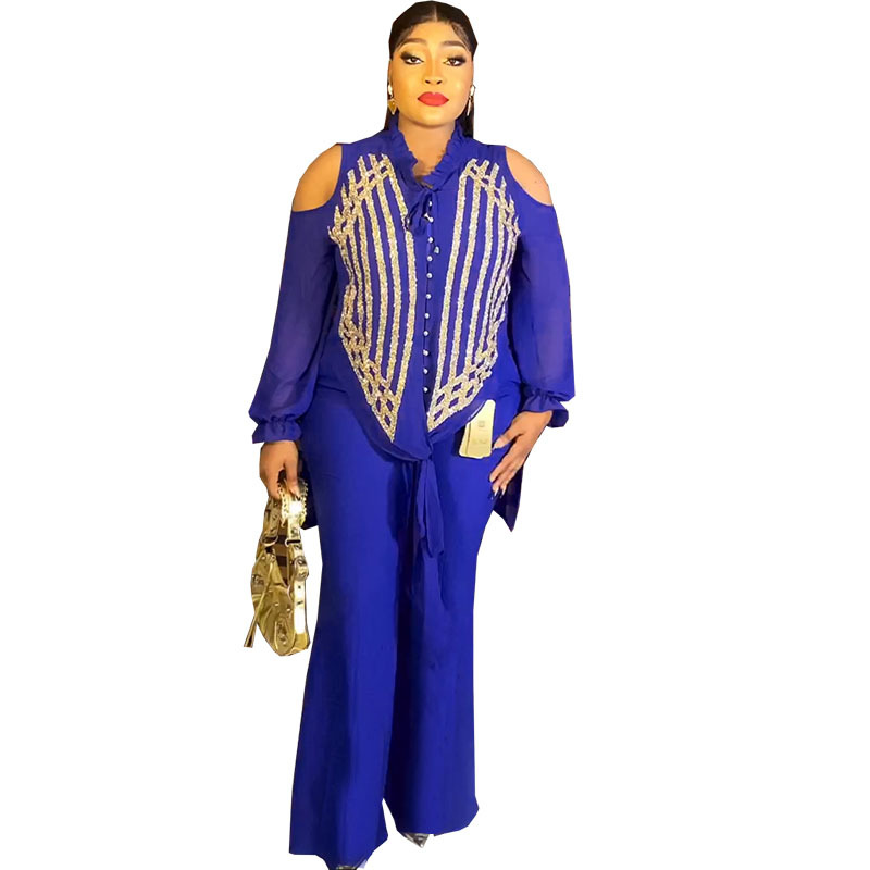 Pakaian Afrika untuk wanita musim panas elegan wanita Afrika lengan panjang biru kuning merah putih 2 buah set atasan celana panjang setelan