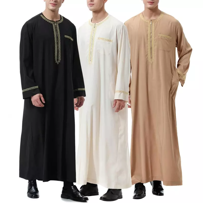Vestido longo de Jubba Thobe masculino, Túnica muçulmana, Roupa islâmica, Abaya Caftan, Vestido longo, Kimono com zíper, Islã, Dubai, Árabe