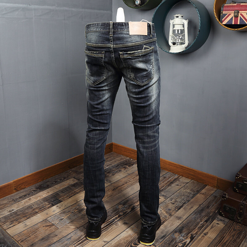 Włoski styl modne dżinsy męskie wysokiej jakości Retro czarny niebieski elastyczne Slim porwane jeansy męskie Vintage Designer spodnie dżinsowe Hombre