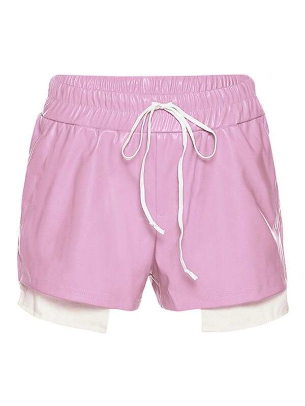 Vrouwen Effen Kleur/Kleur Contrast Stiksel Elastische Taille Pu Lederen Shorts Eenvoudige Losse Onderkant Casual Shorts
