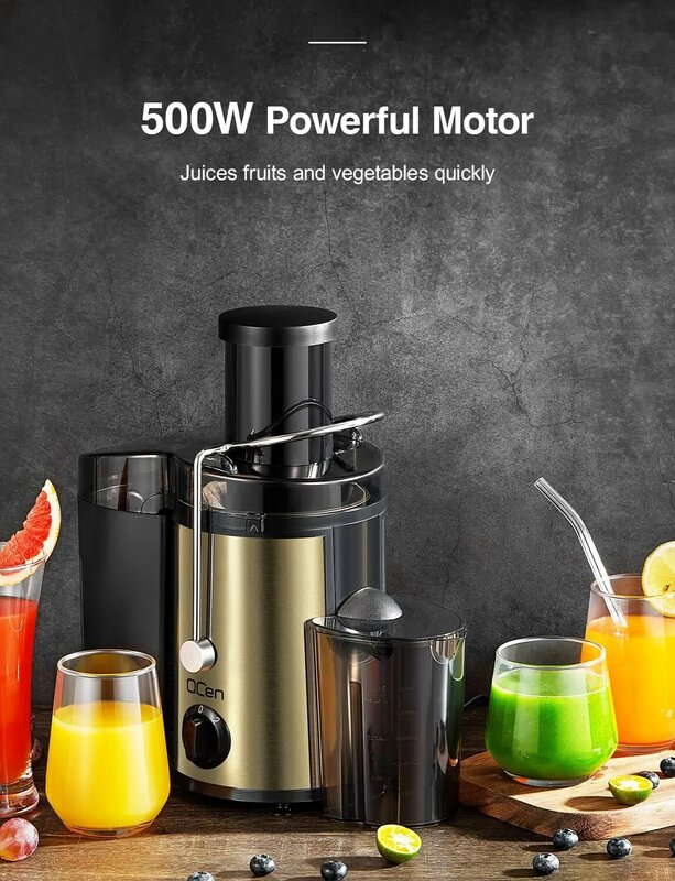 Juicer sentrifugal 500W, ekstraktor dengan mulut lebar 3 "saluran umpan untuk sayuran buah, baja tahan karat, bebas BPA (emas)