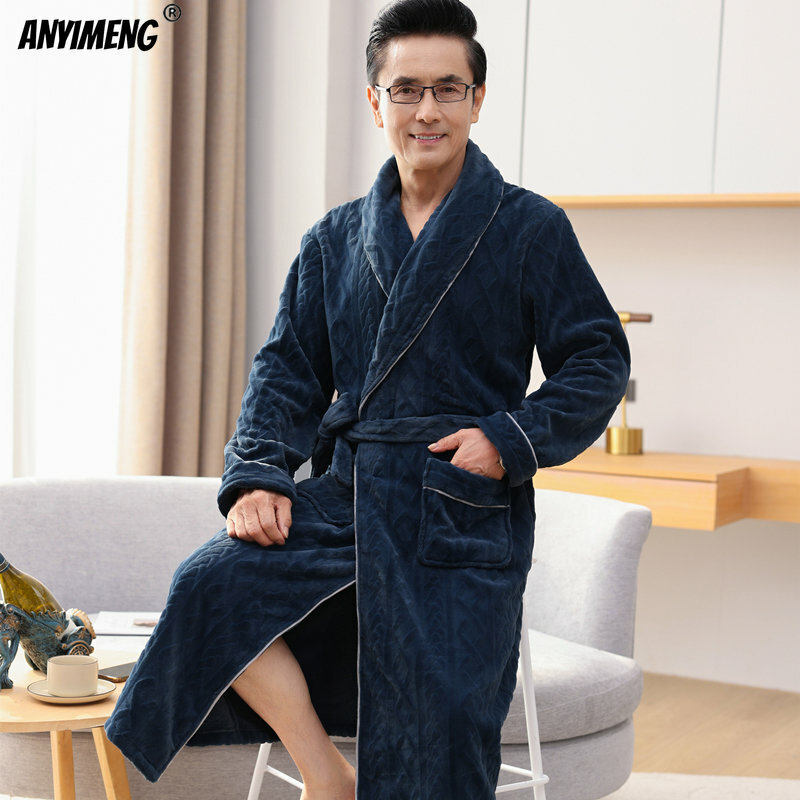 Nieuwe Winter Mode Luxe Sjaalkraag Badjas Voor Mannen Flanel Warm Big Size 4XL Gewaad Diepe Blauw Gewaad Elegante Leisure nachthemd