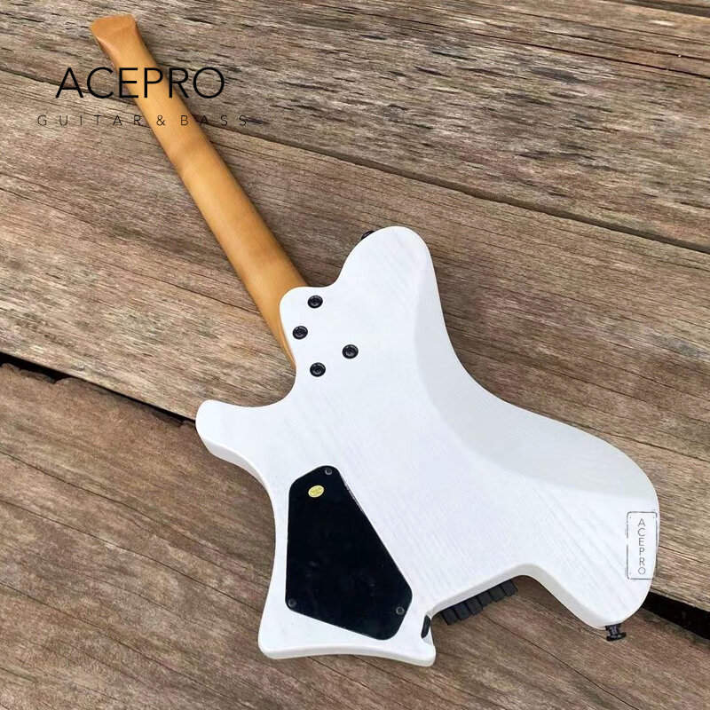 Acepro gitar listrik tanpa kepala, badan abu putih transparan, leher Maple panggang, fret baja antikarat, pickup HH gitar