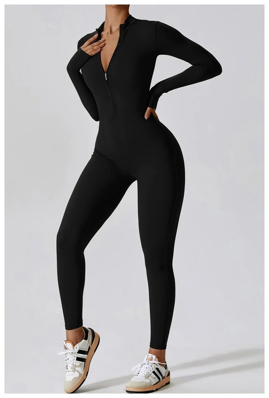 European and American zippered nude long sleeved yoga jumpsuit, women's fitness and sports tight jumpsuit