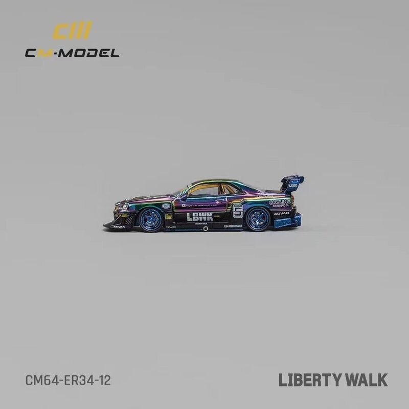 مجموعة نموذج سيارة ظلية لعبة مصغرة ، دييكاست مبهرة ، لون الكروم ، LBWK ، GTR ، R34 ، ER34 ، 1:64