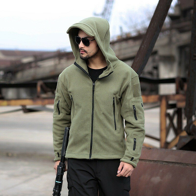Abrigos con capucha para senderismo al aire libre para hombre, chaqueta de lana deportiva táctica militar cálida con múltiples bolsillos