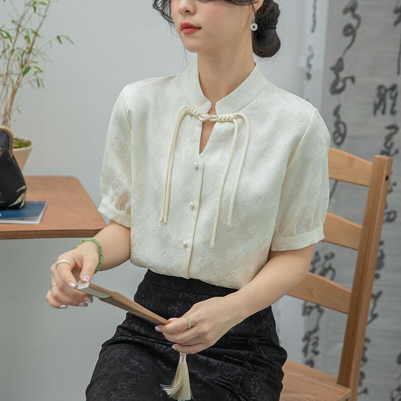 여성용 빈티지 만다린 칼라 기본 셔츠, 우아한 반팔 상의, 캐주얼 셔츠, 중국 스타일, 2024, W1759, 여름 신상