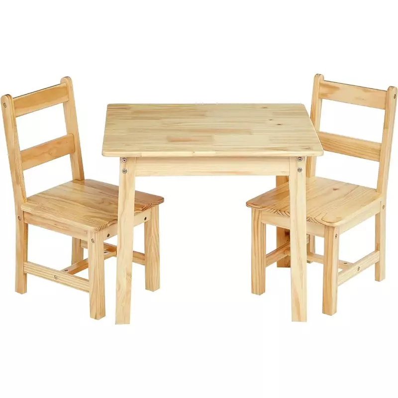 Meja kayu Solid anak dan 2 kursi, 3 Set, 20x24x21 inci, Natural