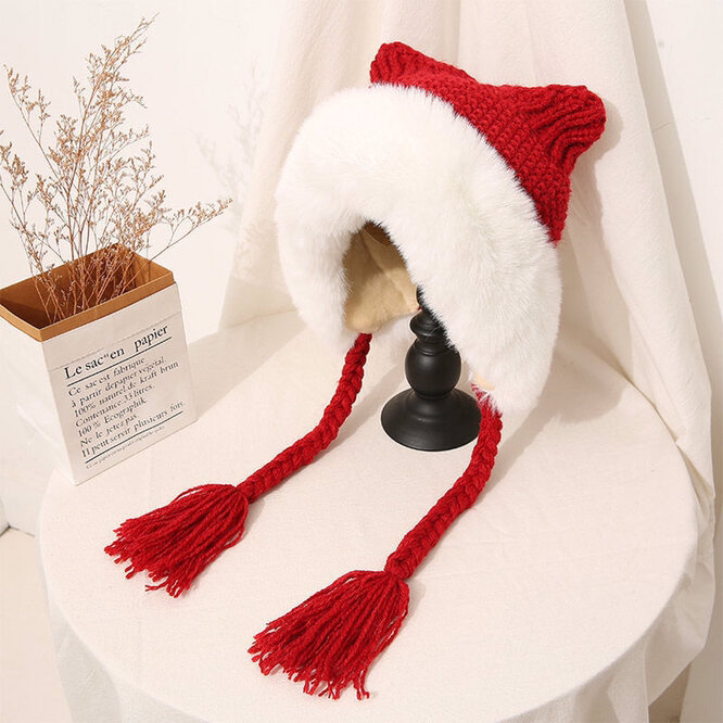 Winter Cute Cat Ears Women Plush Thickened Knitted Imitation Fur Tassel Braid Girl Coarse  Hat Outdoor Warmth White
