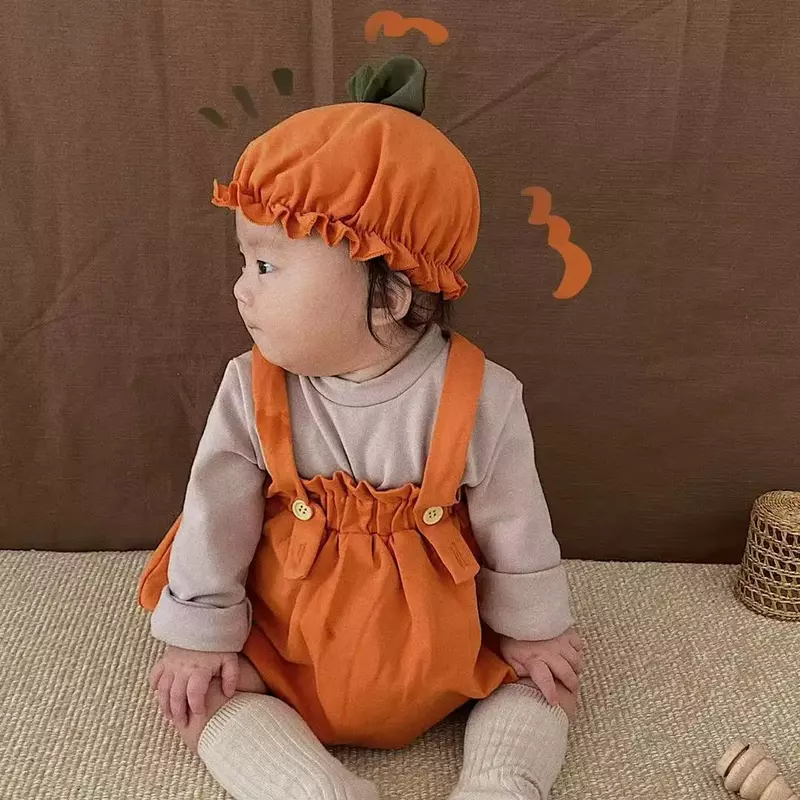 Pakaian bayi 7038 2023 musim gugur mode panas setelan mendaki bayi perempuan Halloween celana tali lentera labu + topi