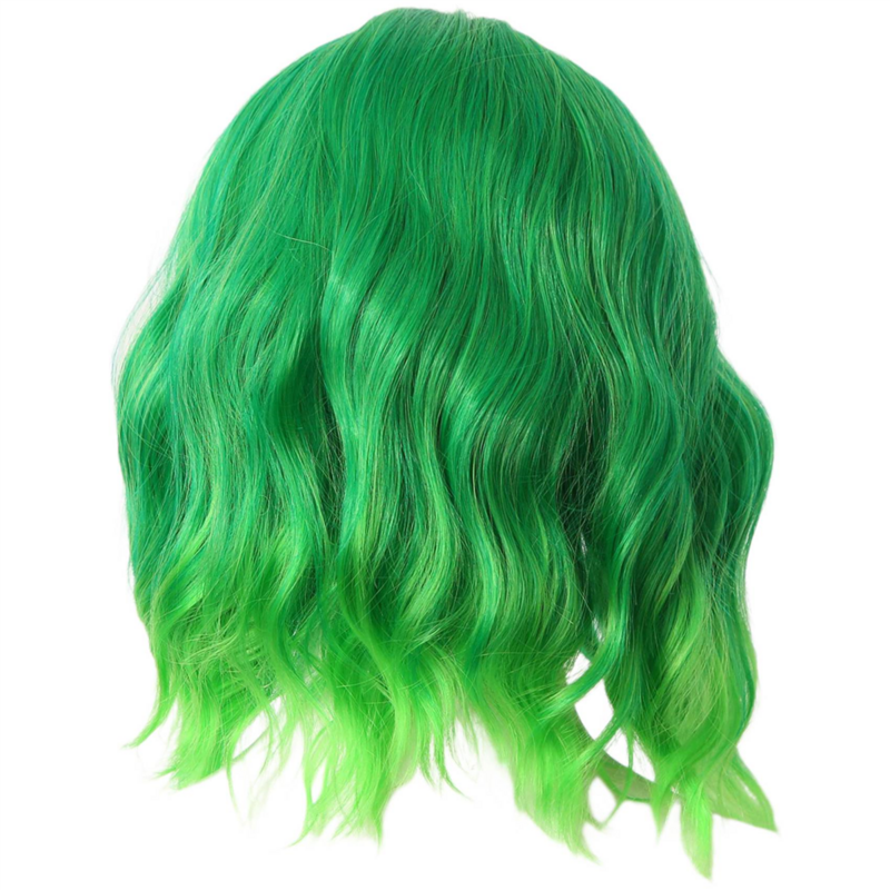 여성용 녹색 그라데이션 형광 중간 부분 곱슬 가발, 짧은 곱슬 머리 가발, 코스프레 공연 가장 무도회