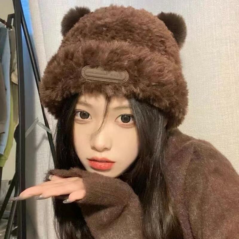 Loose And Sweet Ear Protection Cap With Large Head And Soft Glutinous Wrap  Cute Little Bear Ears Plush Hat Girl Autumn