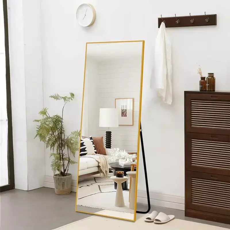 Kamerhoge Spiegel 60X20 Full-Length Wandmontage, Aluminium Frame Make-Upspiegel Met Standaard, Goud