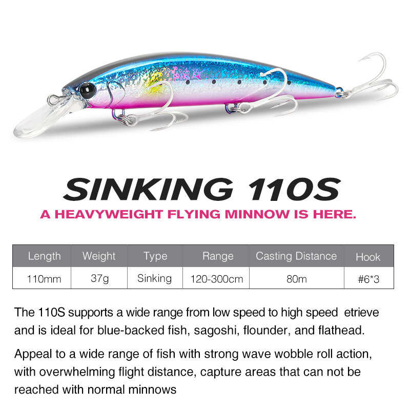 TSURINOYA 110มม.37G Sinking หนัก Minnow เหยื่อตกปลาทะเล Rolling WIZARD 110S ประดิษฐ์ Hard เหยื่อ Jerkbait สำหรับ seabass Lure