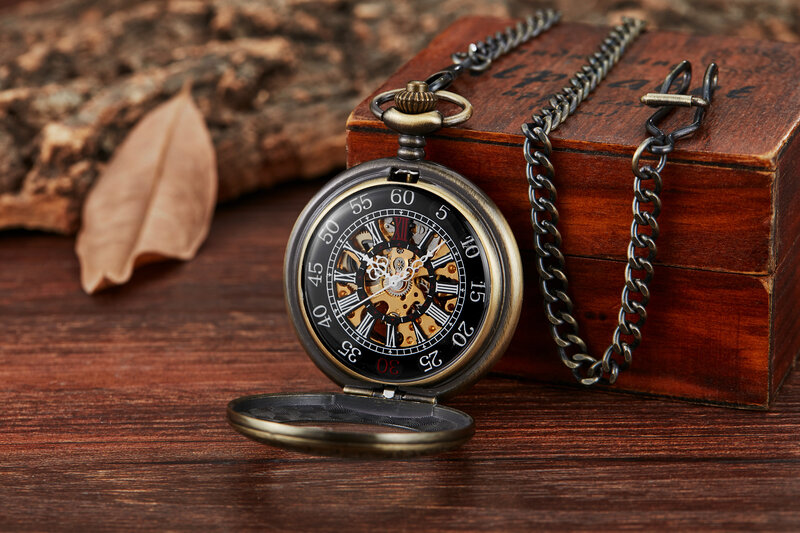 Mystical Bronze Dial Mechanical Pocket Watch Transparent Hunter White Arabic Numerals Display Hand Winding Pocket Watch for Men