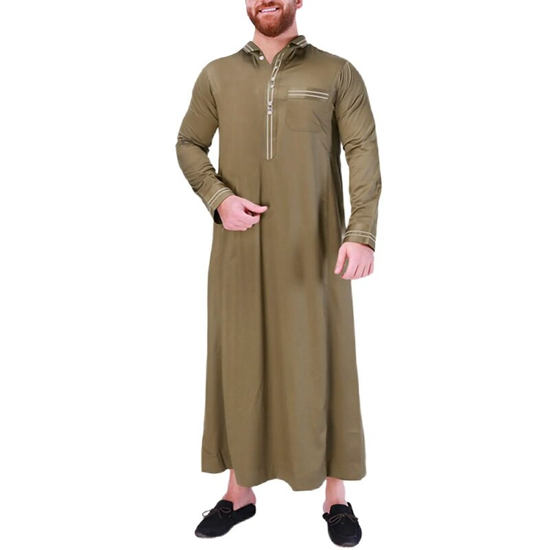 Męska muzułmańska szata letnia casualowa pod szyją jednolity kolor środkowo-wschodnia arabska z długim rękawem etniczna szata Jubba Thobe męska Abaya