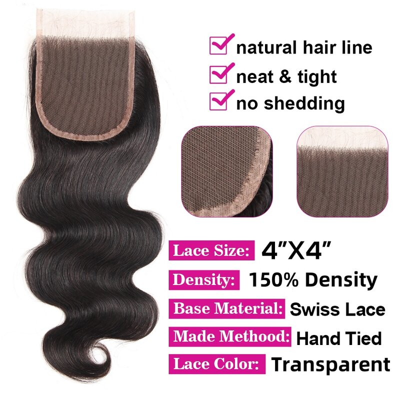 Hair Bundles With Closures Brazilian Body Wave 100% Natural Human Hair 4x4 Lace Closure Hd Lace Free Part 50g Remy  Pre Plucked