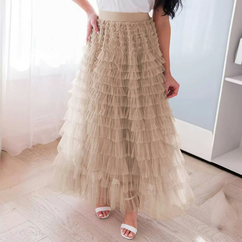 Женская длинная юбка во французском стиле, элегантная однотонная сетчатая юбка с высокой талией, пышная юбка-карандаш для осени