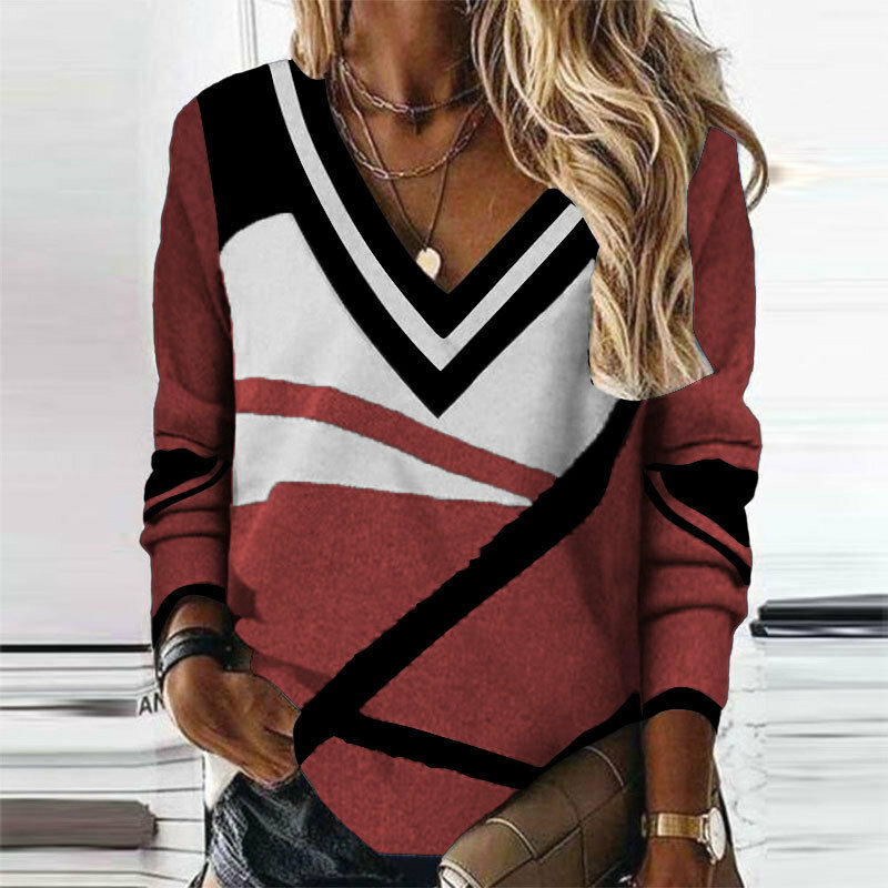 Sweater wanita lengan panjang leher V, pakaian sweater wanita cetakan geometris kasual longgar lurus elegan 2023