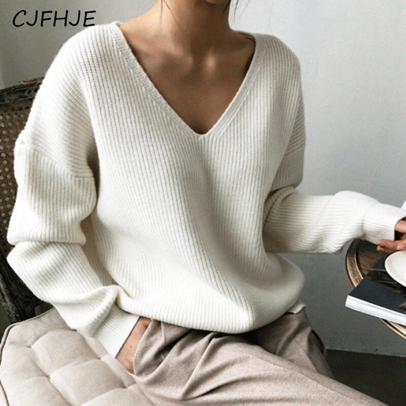 CJFHJE New Autumn Winter Women's Sweaters V-Neck Long Sleeve Tops Fashionable Korean Knitting Casual Solid Retro Knitted Sweater