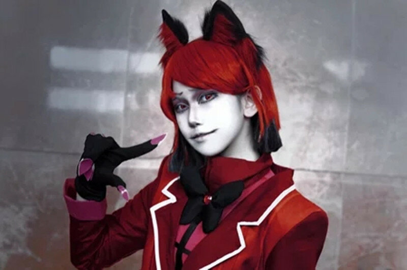 Anime Hotel Alastor Wig With Ear Cosplay Anime Wigs Short Red black Wig Heat Resistant Synthetic Hair Men Women Wigs + A Wig Cap