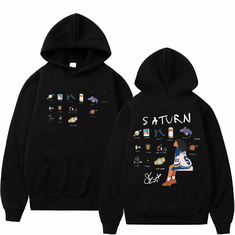 Rapper Sza Saturnalbum Dubbelzijdige Grafische Hoodie Heren Hiphop Oversized Streetwear Heren Casual Fleece Katoenen Pullover