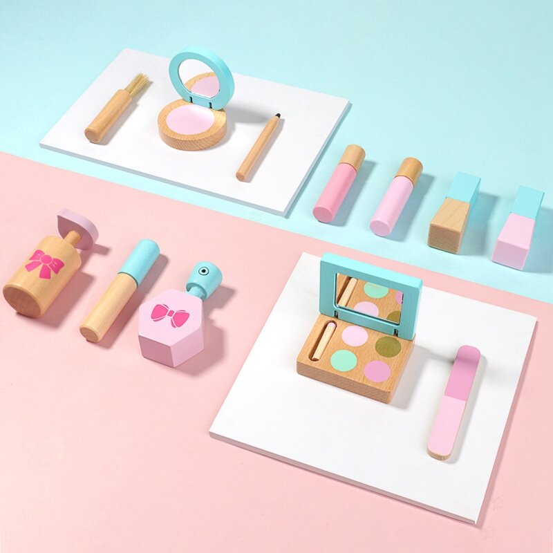 12 pezzi in legno finta di giocare a trucco Playset per ragazze gioco di ruolo cosmetici giocattolo simulazione accessori di bellezza per bambini