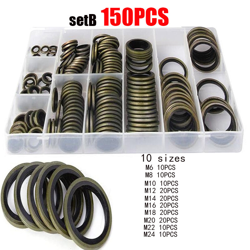 150/100Pcs Bonded Seal Sealing Ring Assortiment Kit Olie Afvoer Schroef Gecombineerd Washer Seal Set M6 M8 M10 m12 M14 M16 M18 M20 M22