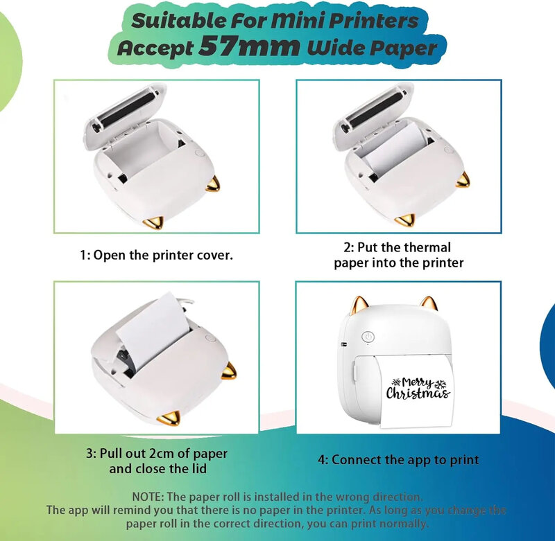 Untuk pencetak struk stiker Mini Printer saku portabel, pencetak kertas Mini isi ulang 10 gulungan kertas Printer termal 57x25mm