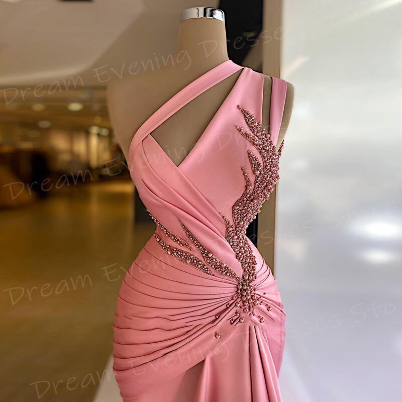 Vestidos modernos de sirena para mujer, vestido de noche Rosa elegante y bonito con un hombro y perlas, vestidos de graduación con cuentas